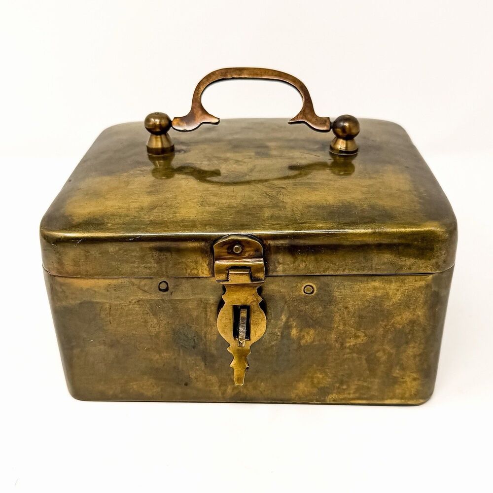 Vintage Brass Hinged Box Large Decorative Storage Keepsake Jewelry Handle 7”